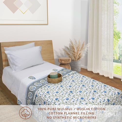 Image of TOAIArt Premium Jaipuri Dohar | AC Blanket Summer Quilt | Hand Block Printed | 3 Layers | Reversible | 150GSM 100% Mulmul Cotton | 100% Cotton Flannel Filling | Single 60 inch X 90 inch |White Blue Florals