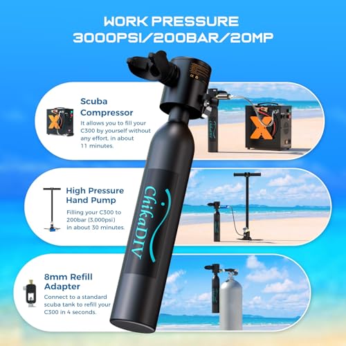 Mini Scuba Tank Refillable Oxygen Cylinder with 0.5 L Capacity Scuba Tank with 5-10 Minutes Underwater Diving Gear for Diver Portable Diving and Snorkeling Equipment C300+ B3 Green