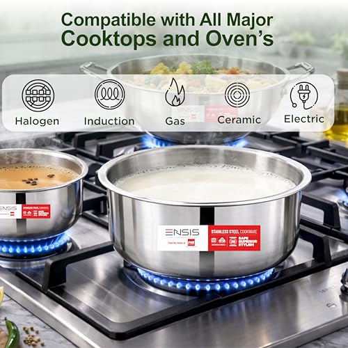 Image of ENSIS 18cm Triply Tope with Steel Lid (2.25 Litre) Heavy Duty Stainless Steel Patila /Bhagona for Milk & Tea, Induction Friendly, 5 Year Warranty