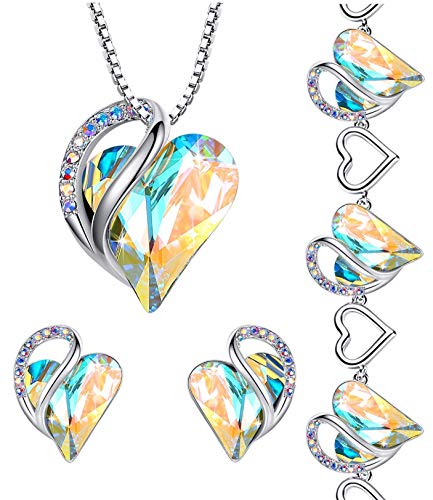 Leafael Infinity Love Crystal Heart Bundle Jewelry Set Opal White April Birthstone Gifts for Women Necklace Earrings Bracelet, Silver-tone