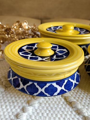 Image of Niyara Stoneware Handmade Ceramic Handpainted Multipurpose Storage Ceramic Casserole Jars & Containers With Lid Microwave Dishwasher Safe Kitchen Storage /Serving Snacks Dish Set Of 3,Moroccan Yellow
