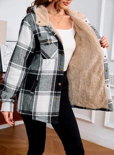 Elesuit Women's Fleece Flannel Jacket Plaid Sherpa Lined Jacket Long Sleeve Button Down Hooded Jackets for Women4