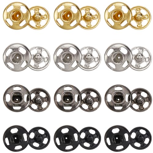 192PCS 4 Colors 6MM Gold Black Silver Gunblack Brass Snap Fastener Button Metal Sew on Press Studs Leather Flat Round Poppers Buttons for Sewing Making Clothing Fabric Decorations Diy Crafts