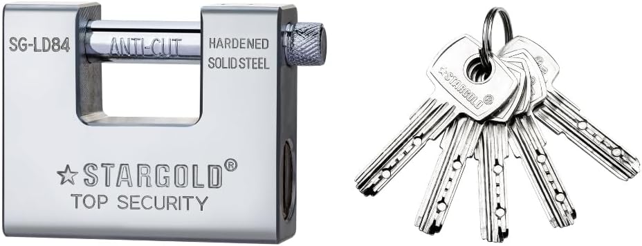 Top Security Padlock, Anti-Cut Hardened Solid Steel, 84mm, with 5 Keys, SG-LD84