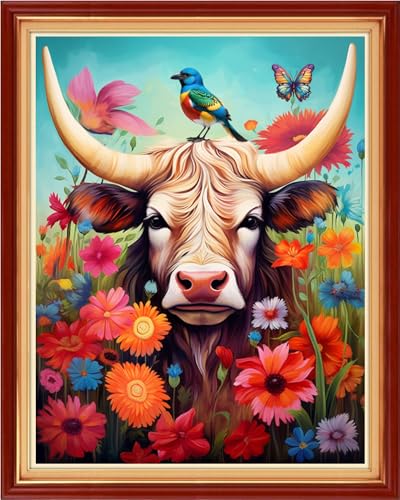 Image of Foxhool Stamped Cross Stitch Kits,11CT Printed Cross Stitch Pattern Full Embroidery Kits for Beginner Needlepoint Kits-Flower Colored Cow 16x20 inch