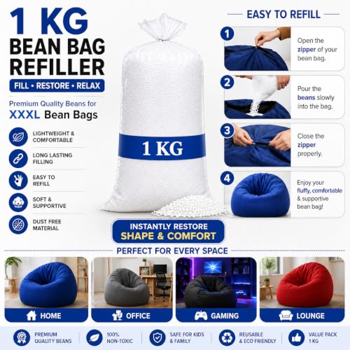 Image of 1 KG Beans for Bean Bag | Bag Refill Beans | High Density Polystyrene Bean Fillers for Bean Bags, Sofas & Pouffes | Soft & Durable White Beans