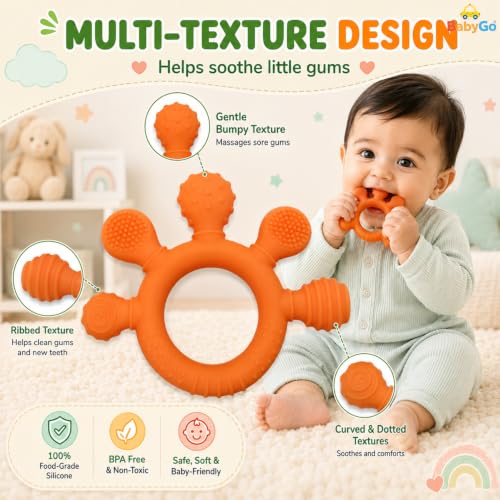 Image of BabyGo 2-in-1 Baby Teether & Sensory Ring | Soft Silicone Multi-Textured Chew Toy for Gum Soothing | Mouthing & Sensory Development | Easy-Grip Toy for Infants 3-12 Months | Orange | Pack of 1