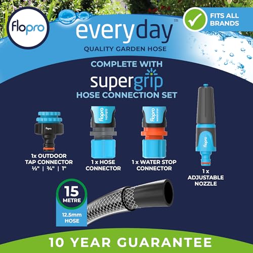 Flopro, EVERYDAY garden Hose Set 12,5mm (1/2") 15m with SUPERGRIP hose pipe connectors: 1 x Outside Tap Connector - Image 3