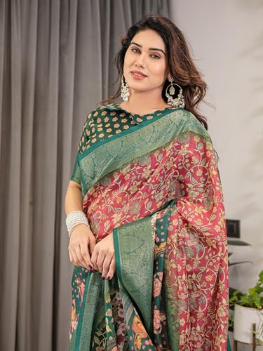 Image of ALMAARI FASHION Handloom Cotton Saree, Multicolour Floral Print with Silver Zari Border, 5.5 Metres with Blouse Piece