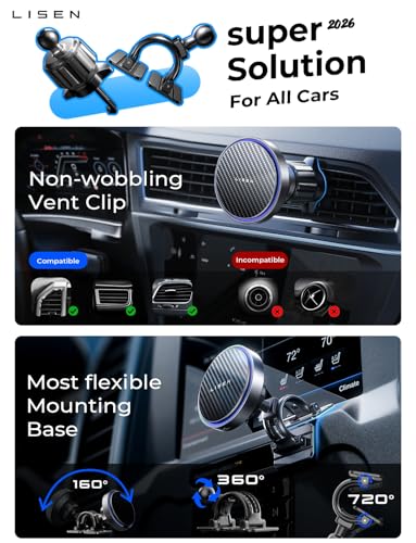 Image of LISEN 15W MagSafe Car Mount Charger,[Carbon Fiber] Magnetic Wireless Car Charger, Dashboard & Air Vent Car Phone Mounts, Magnetic Phone Holder for Car Mount for iPhone 17 /16 /15 /14 /13 /12, Samsung Pixel | Carbon Fiber 15W Magsafe Car Mount Charger, 2 in 1 Dashborad & Vent Wireless Car Charger, Car Accessories for Men