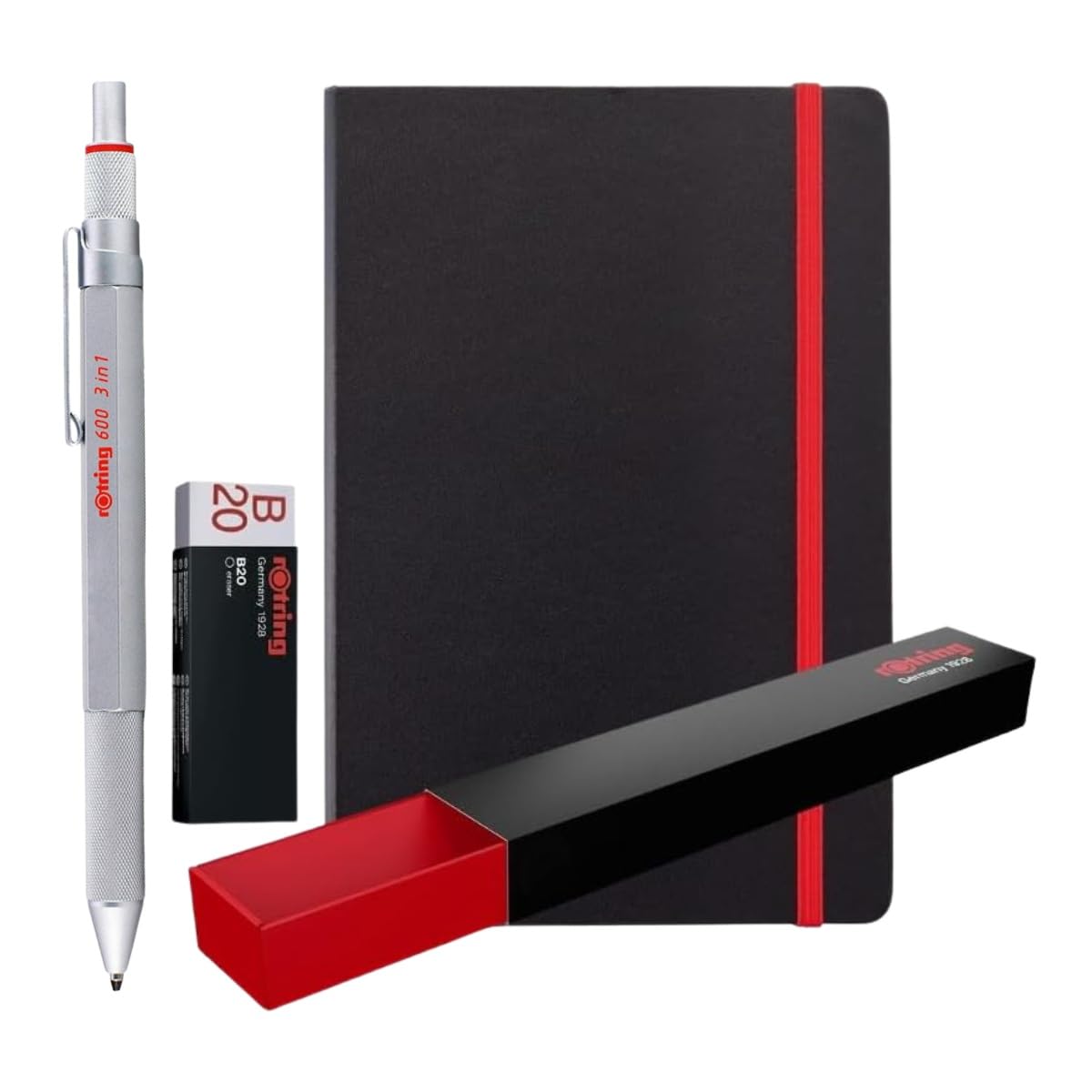 rOtring 600 3-in-1 Multicolour Pen and Mechanical Pencil + Notebook | Black & Red Ballpoint Pen Tips and 1 Mechanical Pencil Tip (0.5mm) | Silver Metal Barrel