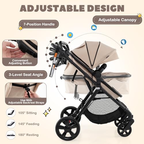 BABY JOY High Landscape Baby Stroller, 3 in 1 Convertible Baby Pram Jogger with Adjustable Canopy & Backrest, Anti-Shock Toddler Folding Pushchair with Storage Basket & Aluminium Frame, Portable Baby Prams and Strollers for 6-36 Months (Beige) - Image 3