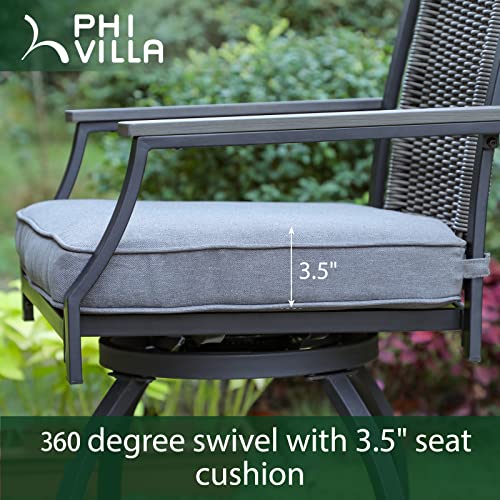 Phi Villa Outdoor Swivel Bar Stools (24" Seat Height) With Rattan Backrest And Wood-Like Armrest Set Of 6, Counter Height Patio Chair With 3.5" Padded Grey Cushion,All Weather For Garden,Yard,Lawn #TOP3