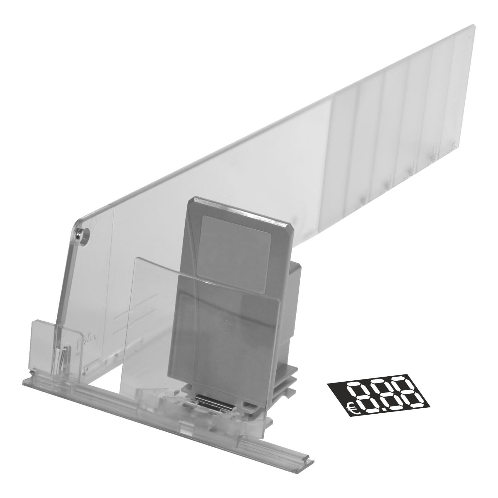 Kit per sigari e buste di trinciato completo di spingipacchetto, divisore, binario biadesivo per fissaggio e talloncino biadesivo segnaprezzi.