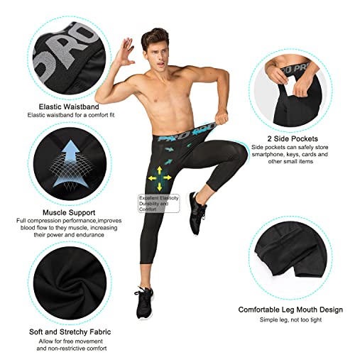 LANBAOSI Compression Pants for Men 3/4 Capri Leggings Quick Dry Workout Running Gym Tights Bottom 3 Pack with Pockets4