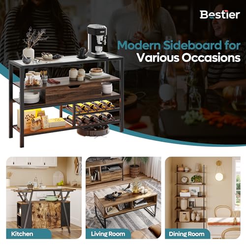 Bestier Console Table with Drawer, Coffee Corner Bar 4-Tier Entryway Table with Storage Shelf Racks, Sofa Table with LED, Furniture for Living Room & Kitchen, Walnut