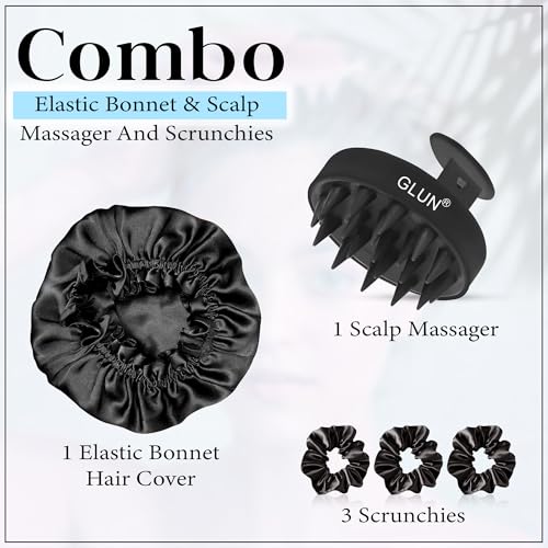 Image of GLUN Anti-Dandruff Round Scalp Massager with Elastic Closing Black Hair Bonnet Cap with 3 Satin Scrunchies Combo, Treatment Accessories for Hairs, Shampoo Brush Super Soft Bristles