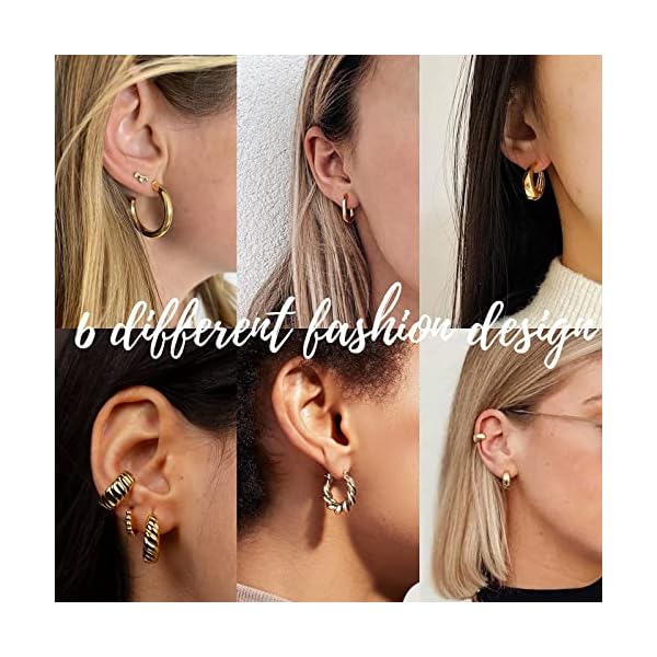 Gold Hoop Earrings Set for Women, 6 Pairs 14K Gold Plated Lightweight Hypoallergenic Chunky Open Twisted Hoops Earrings Pack Jewelry - Image 5