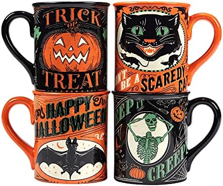 Halloween Mugs Set of 4 – Spooky Ceramic Coffee Cups with Vintage...