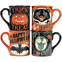 Halloween Mugs Set of 4 Spooky Ceramic Coffee Cups with Vintage Trick or Treat Designs Black Cat, Skeleton, Pumpkin & Bat Fun Scary Tea or Cocoa Cups for Halloween Parties & Decor