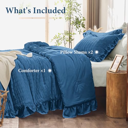 Image of JOLLYVOGUE Teal Comforter Full Size, 3 Pieces Seersucker Lightweight Full Size Bedding, All Season Fluffy Microfiber Bedding Comforter Set with 1 Ruffle Comforter and 2 Ruffle Pillowshams