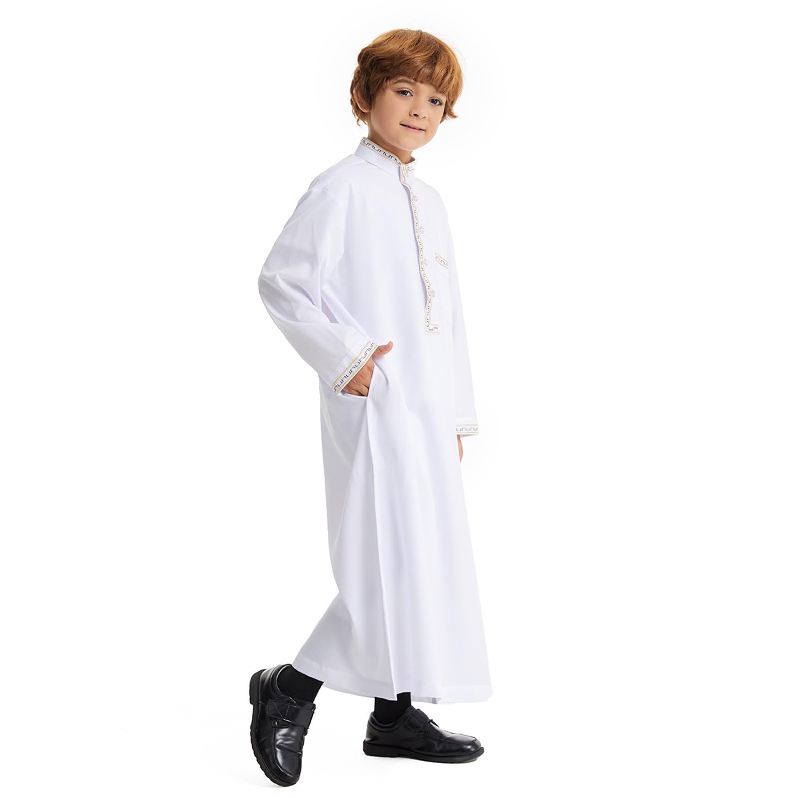 Eid ubrania dla chłopców biała Thobe muzułmańska szata z długim rękawem zapinana na guziki chłopcy Jubba z kieszeniami kaftan haftowana odzież narodowa Abaya dla dzieci na prezenty Eid i piątkowe