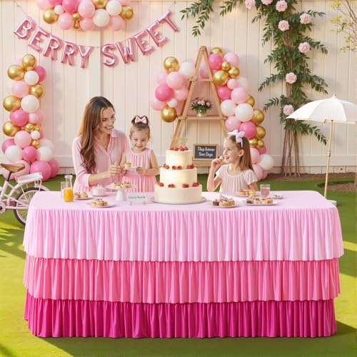 gogoparti Pink Tablecloth Tutu Table Skirt with Ruffle for 6 Foot Rectangle Table, Stretch Elastic Pink Table Cloth Cover for Baby Shower Birthday Princess Party, Teacher Desk Classroom Banquet Decor