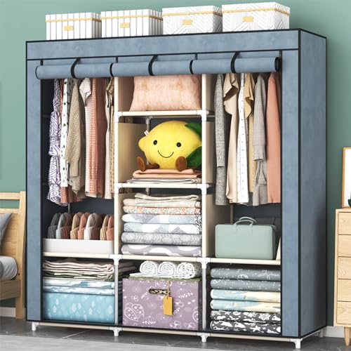 Image of QLFJ-FurDec Portable Wardrobe Closet, 47 Inch Clothes Storage Organizer Shelves Rack, Non-Woven Fabric Cover Standing Closet with 2 Hanging Rods, Extra Durable, Quick and Easy Assembly(Gray)