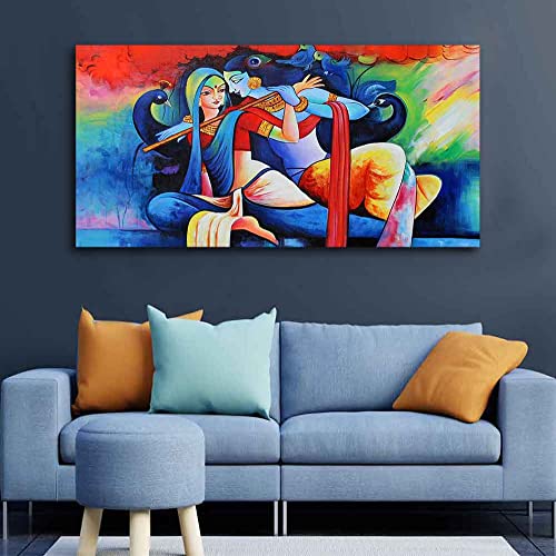 Image of VIBECRAFTS Canvas Paintings for Living Room Drawing Room Radha Krishan Playing Flute Canvas Wall Painting Fitted With Wooden Frame For Home | Office | Living Room | Gift (PTVCH 2479)