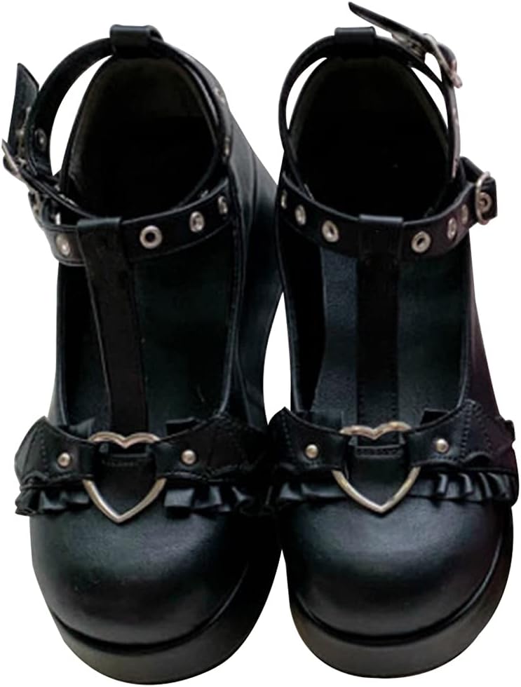 QERMULA Women Platform Wedges Shoes INS Hot Cosplay Lolita Japanese Women's Pumps Kawaii Angel Bat Pumps Cosplay Dress Shoes Lolita Shoes Black