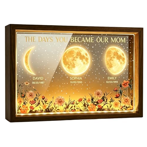 MUST PRIDE Moms Sky LED Light Frame The Day You Became Our Mom Moon Phase Picture Frame Light Box Mommy's Universe Night Light with Kid's Name Birthdate Mother's Day Moon Phase Gift for Mom Grandma