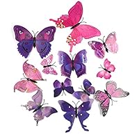 Ruwado 12 Pcs Purple Butterflies Double Wings Refrigerator Magnets Wall Decal Removable Sticker Decoration for Home Kitchen Kids Room Bedroom Office Theme Parties Classroom Window Décor (Purple)