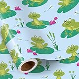 RUSPEPA Frog Wrapping Paper Roll, Mini Roll, Cute Lotus Leaf Flower Frog & Dragonflies Design, Blue Gift Wrap for Kids Girls Boys, Baby Shower, Birthday, Kindergarten, Newborn, 17 Inches X 16.4 Feet
