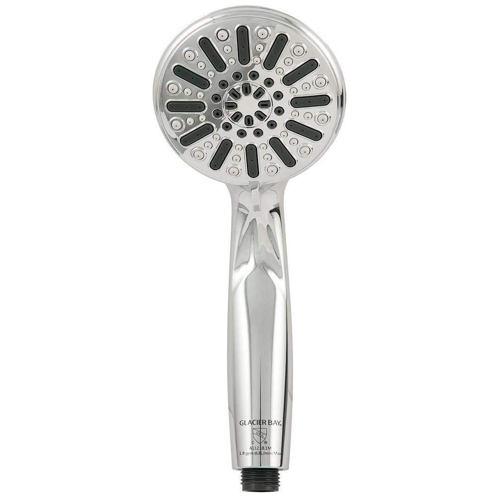 Close-up of the handheld shower head with spray settings