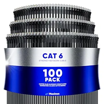 Maximm Cat 6 Ethernet Cable 1.5 ft (100-Pack) - High-Speed LAN Cable, Internet Cable, Patch Cable, and Network Cable - UTP, 10Gbps, 550MHz Ethernet Cord - Black