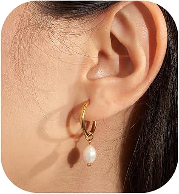 Gold Pearl Drop Earrings for Women, 14k Small Dainty Gold Plated Pearl Huggie Hoop Dangle Earrings for Women Trendy Hypoallergenic Earrings Dangling Gold Earring Hoops Gold Jewelry Non Tarnish