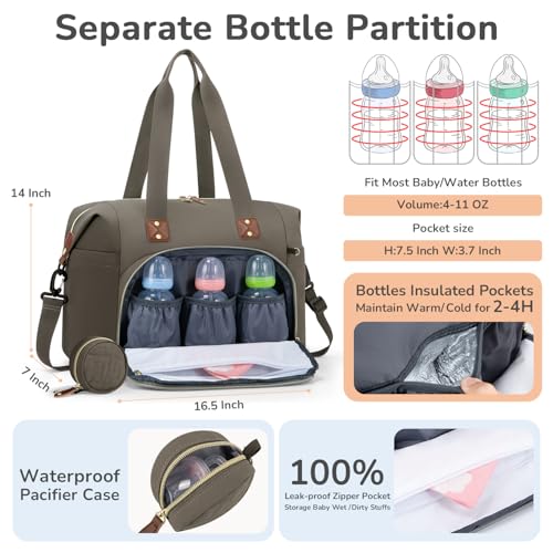 Image of Tenot Diaper Bag Tote with Pacifier Case, Baby Bag for Women with Shoulder Straps, Travel Diaper Tote for for Mom and Dad Khaki