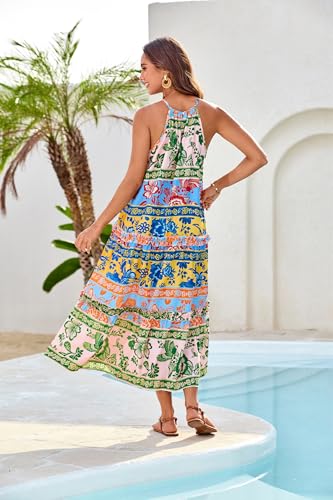 Image of GRACE KARIN 2026 Women's Floral Halter Maxi Dress Boho Summer Beach Sundress with Tiered Ruffle Skirt