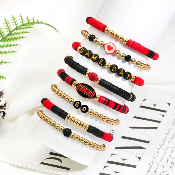 Football Bracelets for Women Game Day Bracelets for Women Beaded Sports Bracelets Clay Heishi Stackable Stretch Bracelets Set Game Day Outfits Accessories Football Bracelets Bulk Football Jewelry - Image 3