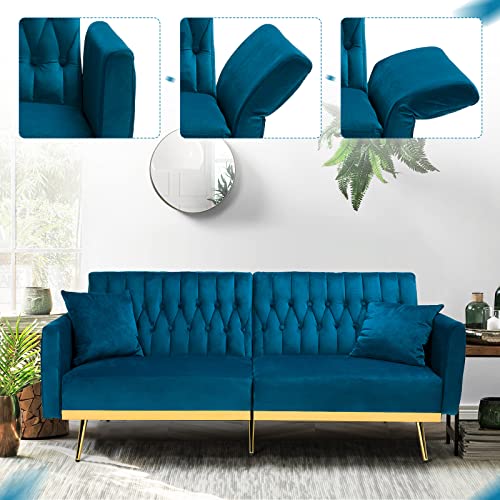 Acmease 70” Velvet Futon Sofa Bed W/Adjustable Armrests And Backrest, Convertible Futon Couch W/2 Pillows, Modern Sleeper Bed For Living Room, Bedroom, Teal #TOP1