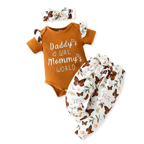 Image of AMAWMW Baby Girl Clothes Set Daddys Little Girl Ruffle Romper Top Camouflage Pants Newborn Infant Baby Girl Outfit