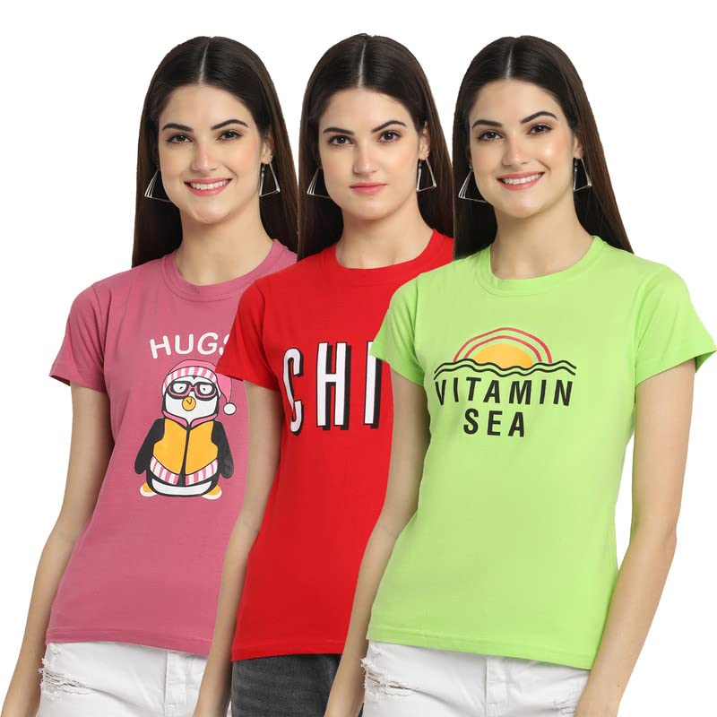 Image of Preneum Women's Cotton Regular Fit Graphic Stylish Printed Short Sleeves Casual T-Shirt || Trend & Style (Pack 3)