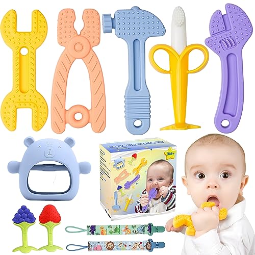 Image of 8 PC Baby Teething Toys, Teethers Set for 0-6, 3-6 Months & 6-12 Months, Baby Essentials, Infant Toys, Baby Chew Toys Set, Food Grade Silicone, Hammer Wrench Spanner Pliers Fruit Giraffe Shape Teether