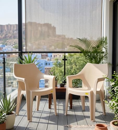 Image of Patiofy Plastic Arm Chair for Living Room, Heavy Duty Plastic Chair for Home and Outdoor, Solid Back Support, Comfortable Seating with Arm Support, 200 Kg Capacity (Cream - Set of 2)