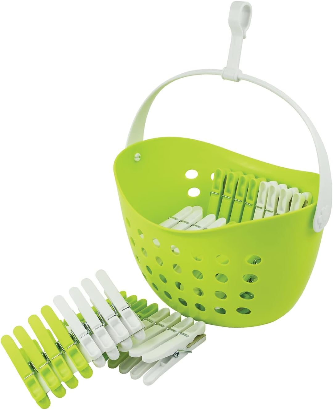 Cesta con 48 Pinzas Antiglante Recicladas - Fabricación Francesa - Cesta Verde - Pinzas Surtidas (Verde y Blanco)