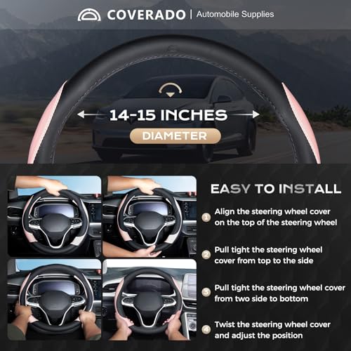 Image of Coverado Car Steering Wheel Cover, Nappa Leather Black & Pink Steering Wheel Covers for Women, Universal 14-15 inch, Anti-Slip, Breathable Steering Wheel Protector
