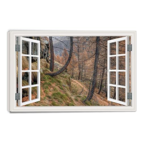 Tableau Toile Fenêtre Trompe-l'Œil Paysage Montagne et Lac Décoration Murale 40x60cm