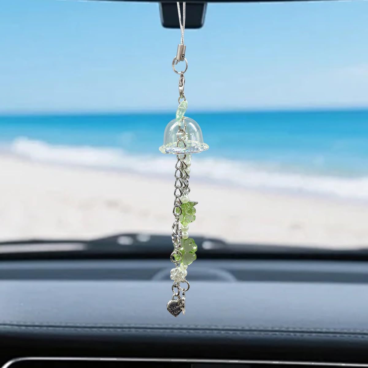 Spring Fresh Car Rear View Mirror Charm, Cute Four-Leaf Clover Automotive Mirror Pendant, Wind Chime Auto Hanging Ornament, Creative Vehicle Decoration Accessories for Women, Girl (Green)