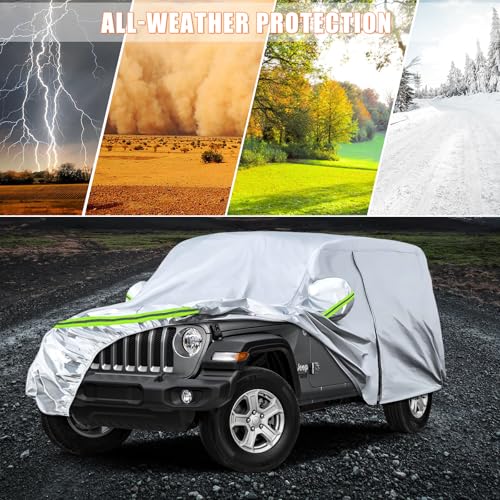Image of Waterproof Car Covers Replace for 2007-2025 Jeep Wrangler 4 Doors, 6 Layers Silver All Weather Car Cover with Zipper Door & Windproof Bands for Snow Rain Dust Hail Protection
