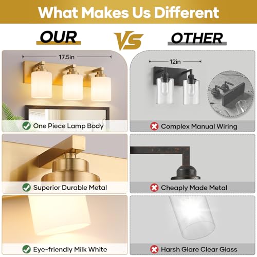 Image of Vanity Lights for Bathroom, 3-Light Brushed Gold Bathroom Vanity Light Over Mirror with Milky White Glass Shades, Modern Bathroom Light Fixtures for Living Room Hallway Cabinet (Bulbs Not Included)